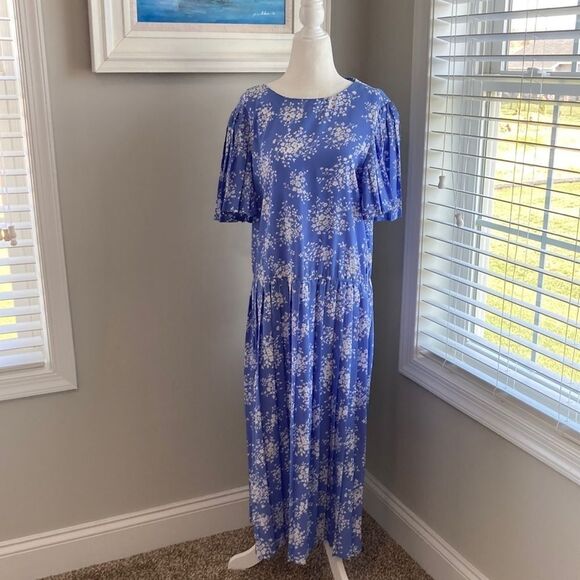 Vintage 90s Maggy Boutique Blue Floral Midi Shortsleeve Summer Dress VNTG Sz 12 - Picture 2 of 16